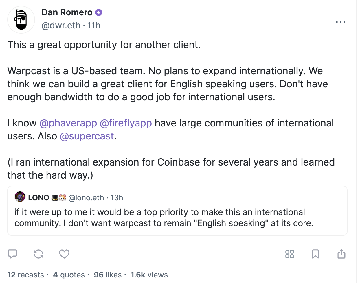 Warpcast独占优势渐显,Farcaster上还有机会吗?插图4 Warpcast独占优势渐显,Farcaster上还有机会吗?